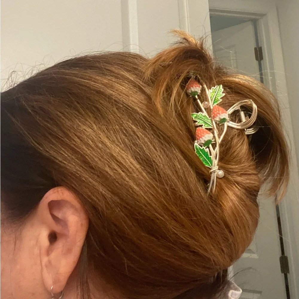 Cottagecore Strawberry Hair Clip Gold Tone Enamel Fruit Barrette Cute Retro Vibe